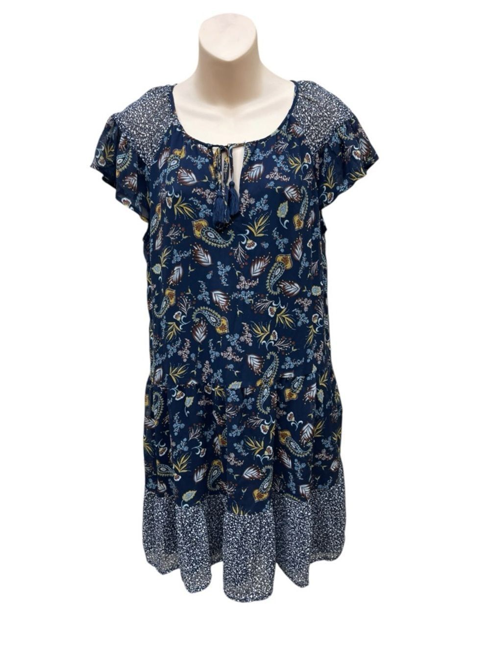 NWT DR2 Small Boho Paisley Floral Dress Tassel Tie Neck Ruffle Sleeve Navy